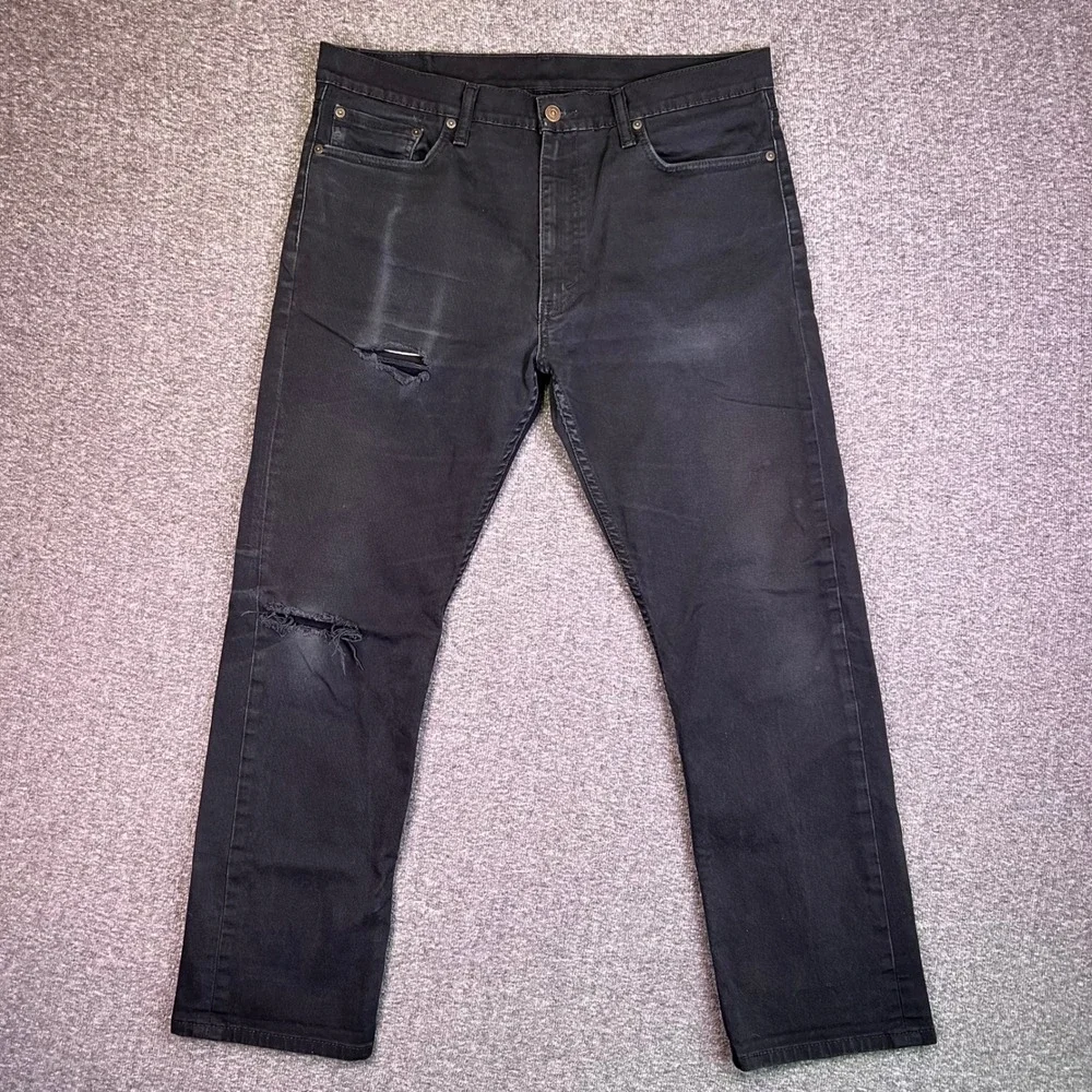 Levis 513 Slim Straight Jeans Mens 36x30 Black Distressed Grunge Stretch Casual‎